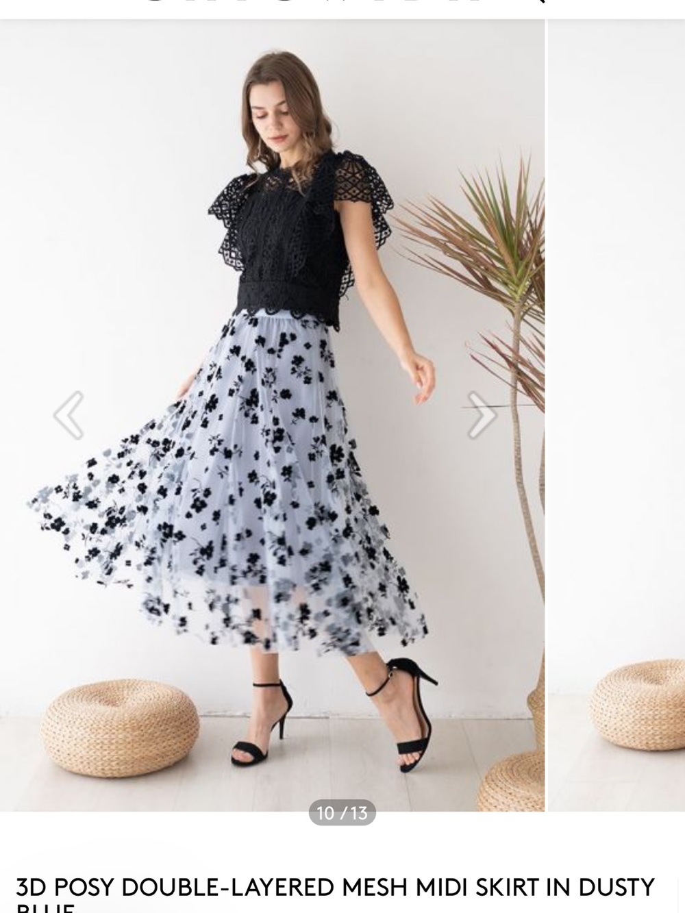 Chicwish Dusty Blue Midi Skirt with Black 3D Posy Appliqués